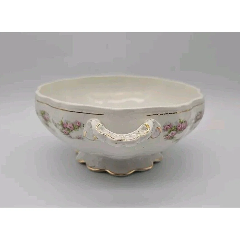 Vintage Dresden Semi Porcelain Two Handle Serving Bowl Rosesand Gold Trimmed